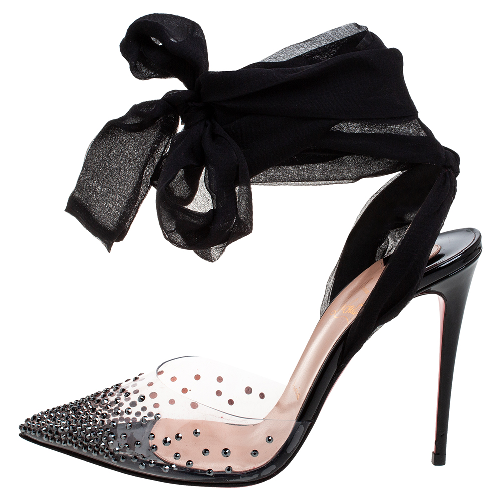 

Christian Louboutin PVC and Lace Spikaqueen Studded Accents Wrap Up Pumps Size, Black