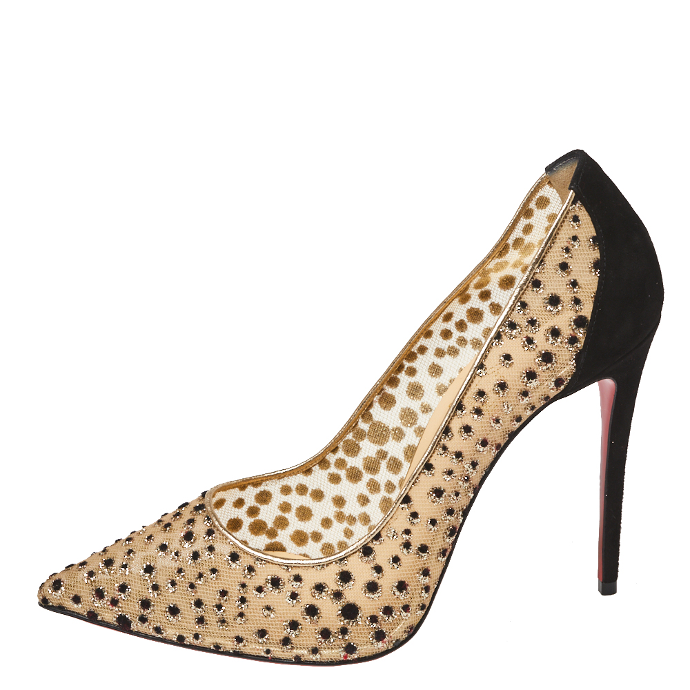 

Christian Louboutin Beige/Black Mesh And Suede Leather Follies Lace Pointed Toe Pumps Size