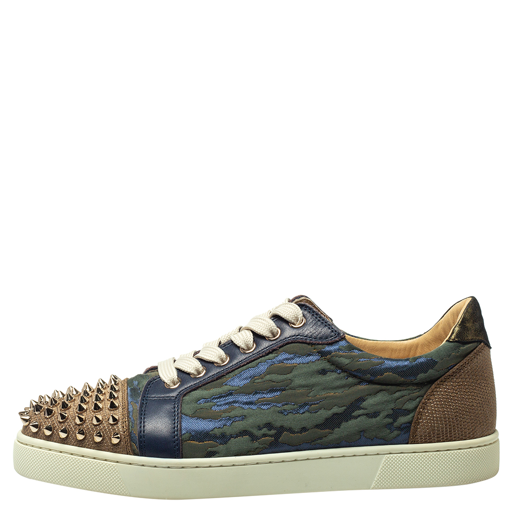 

Christian Louboutin Multicolor Jacquard Fabric And Leather Vieira Spikes Low Top Sneakers Size