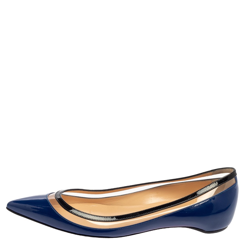 

Christian Louboutin Blue/Black Patent Leather And PVC Paulina Pointed Toe Flats Size