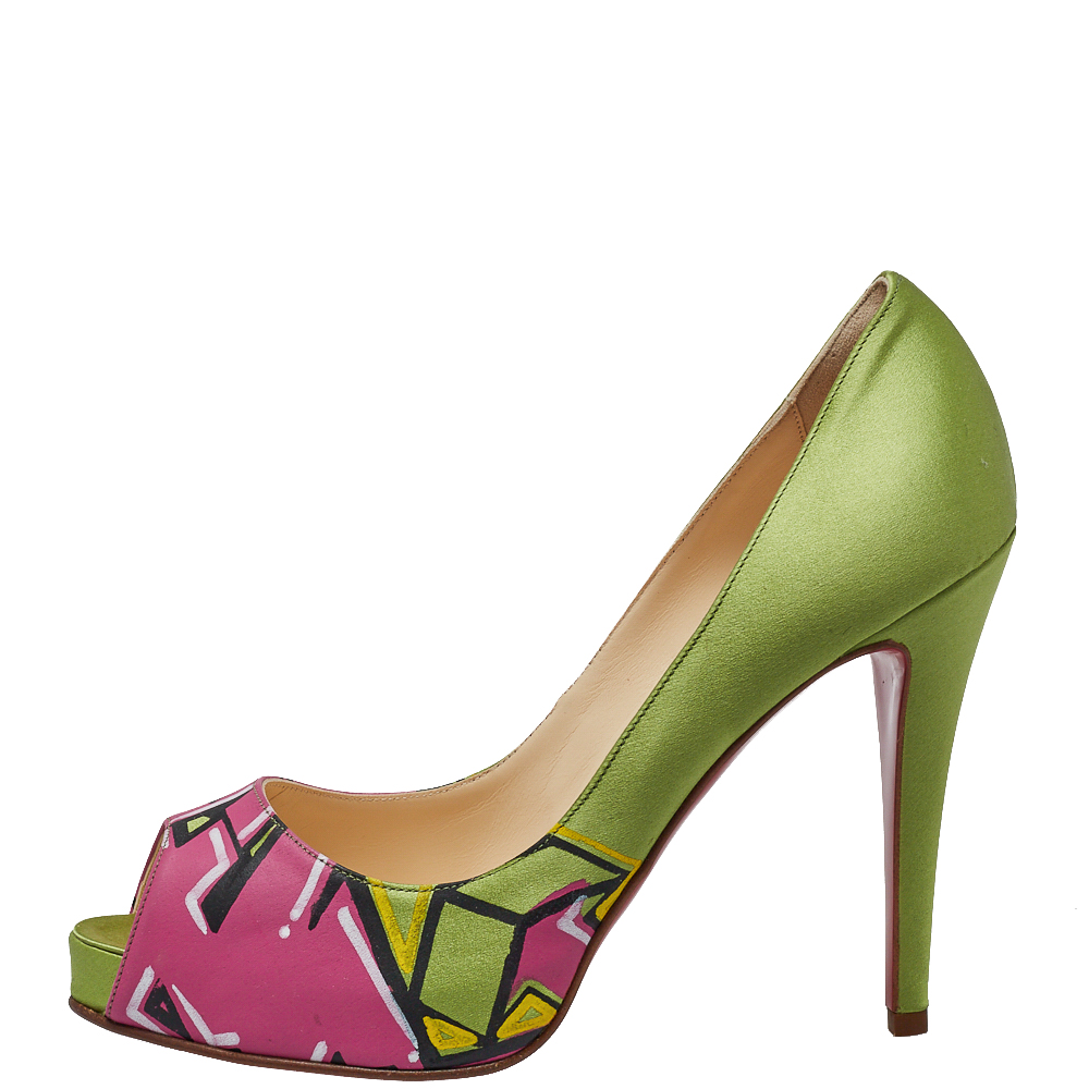 

Christian Louboutin Green/Pink Satin New Prive Peep Toe Pumps Size