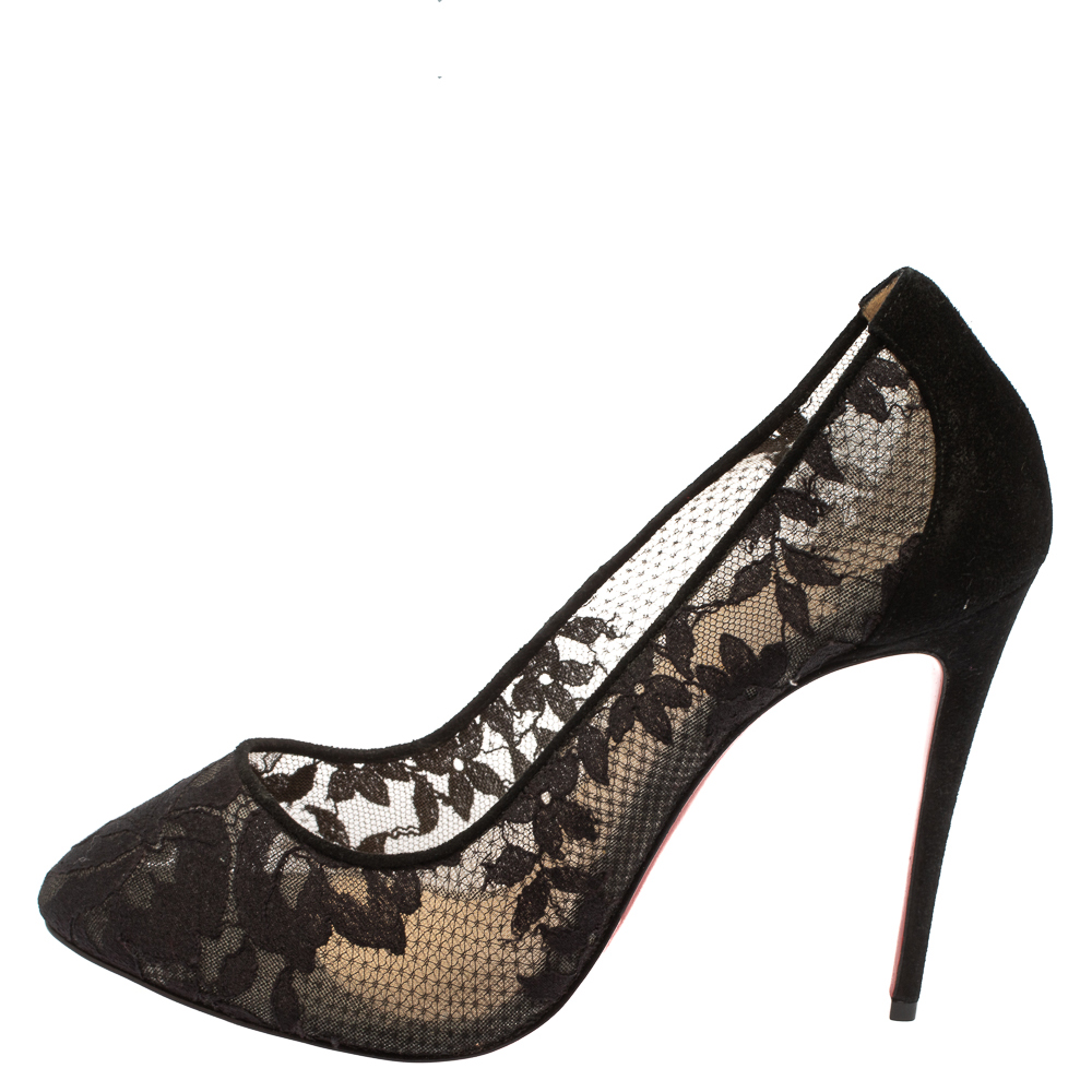 

Christian Louboutin Black Lace And Suede Pigalace Pointed Toe Pumps Size