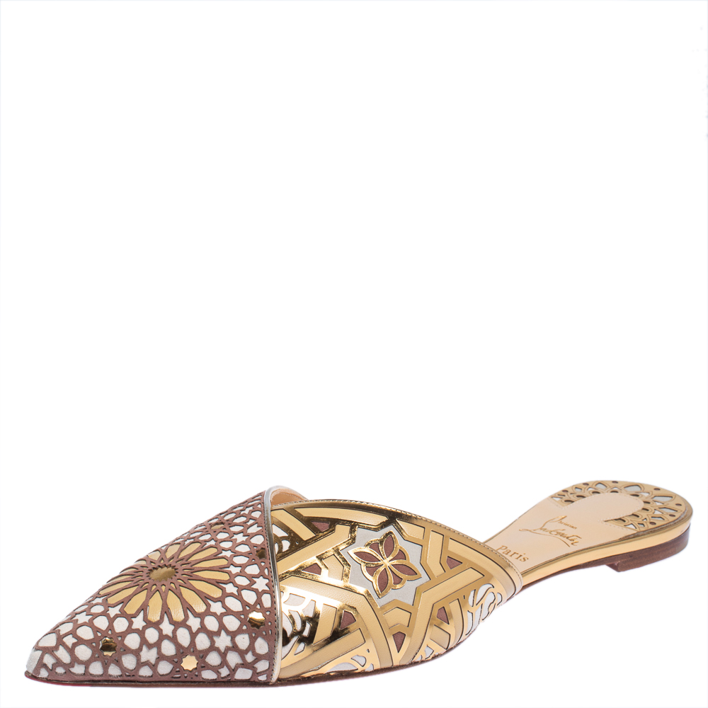 Pre-owned Christian Louboutin Multicolor Laser Cut Leather And Suede Royal Mansour Flat Slipper Size 42