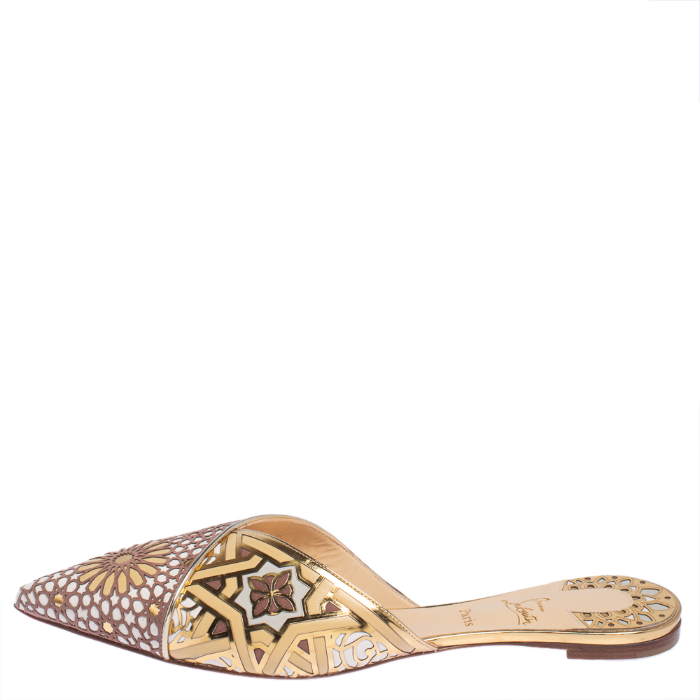 

Christian Louboutin Multicolor Laser Cut Leather And Suede Royal Mansour Flat Slipper Size