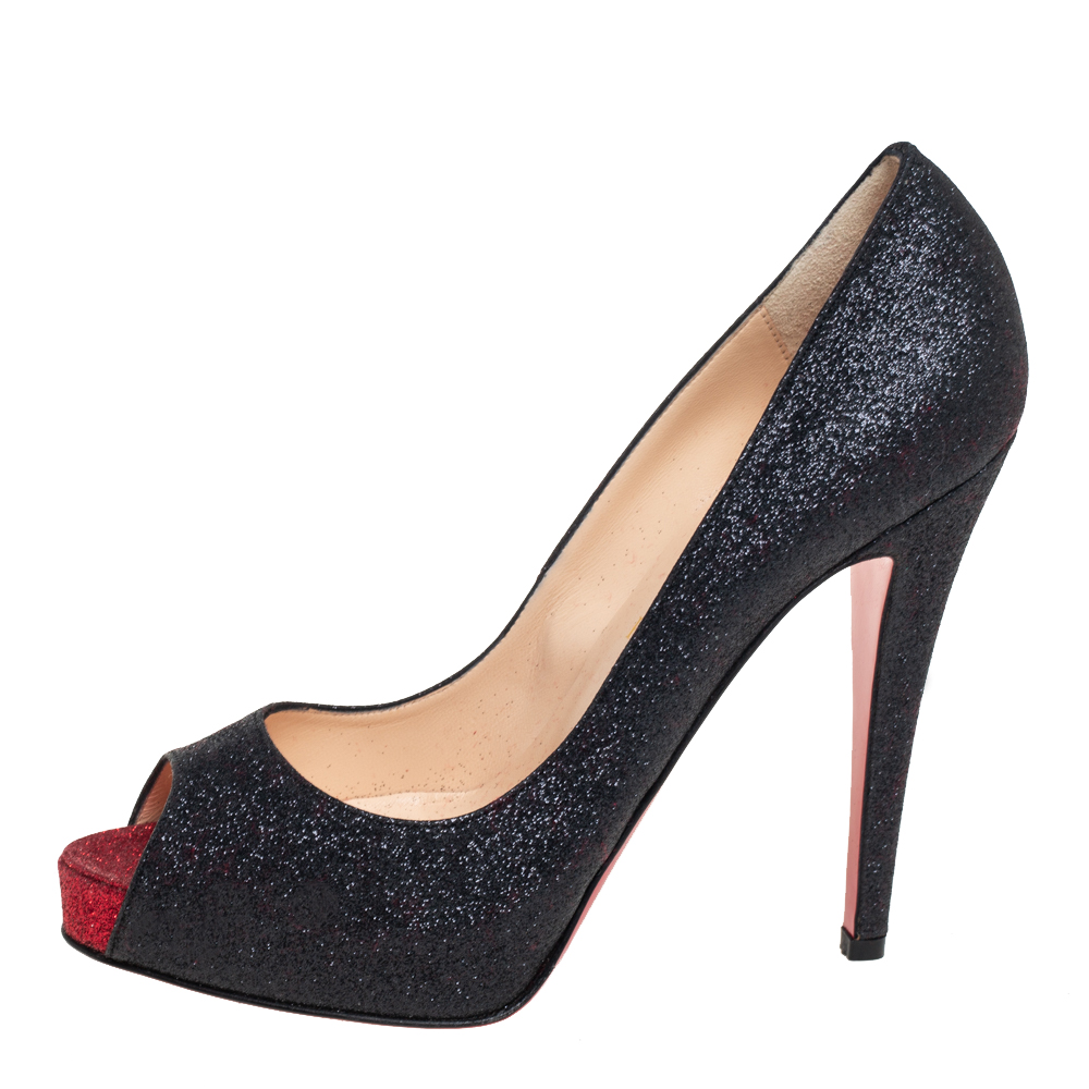 

Christian Louboutin Black Glitter Very Prive Peep Toe Pumps Size