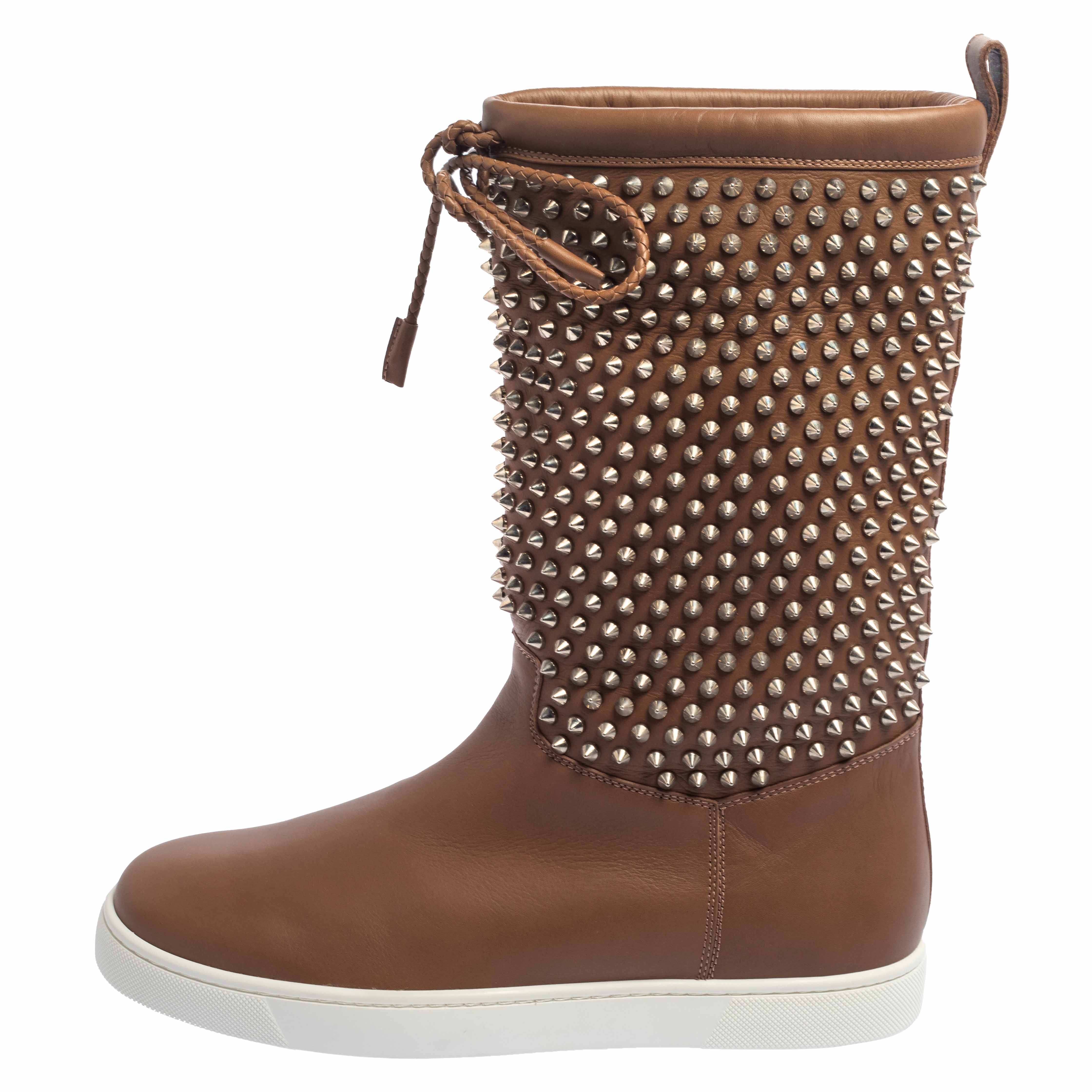 

Christian Louboutin Brown Leather Surlapony Spiked Mid Calf Boots Size