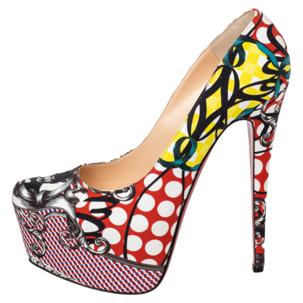 

Christian Louboutin Multicolor Loubi Print Fabric Daffodile Platform Pumps Size