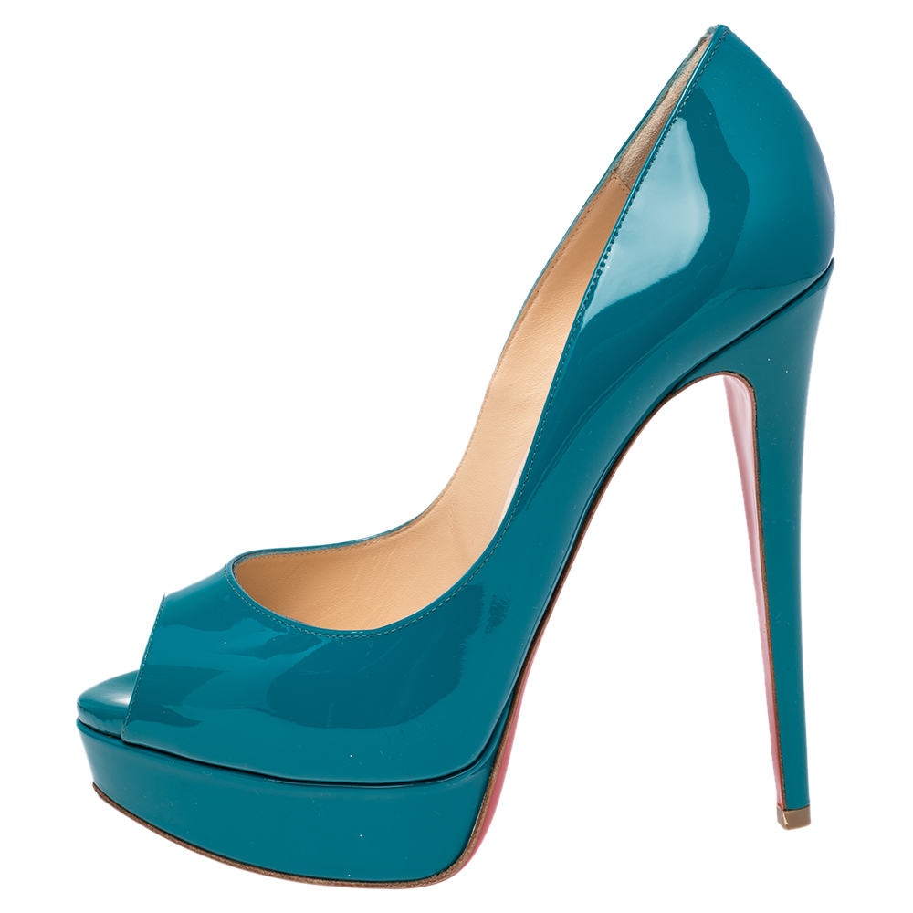 

Christian Louboutin Turquoise Blue Patent Leather Lady Peep Toe Platform Pumps Size