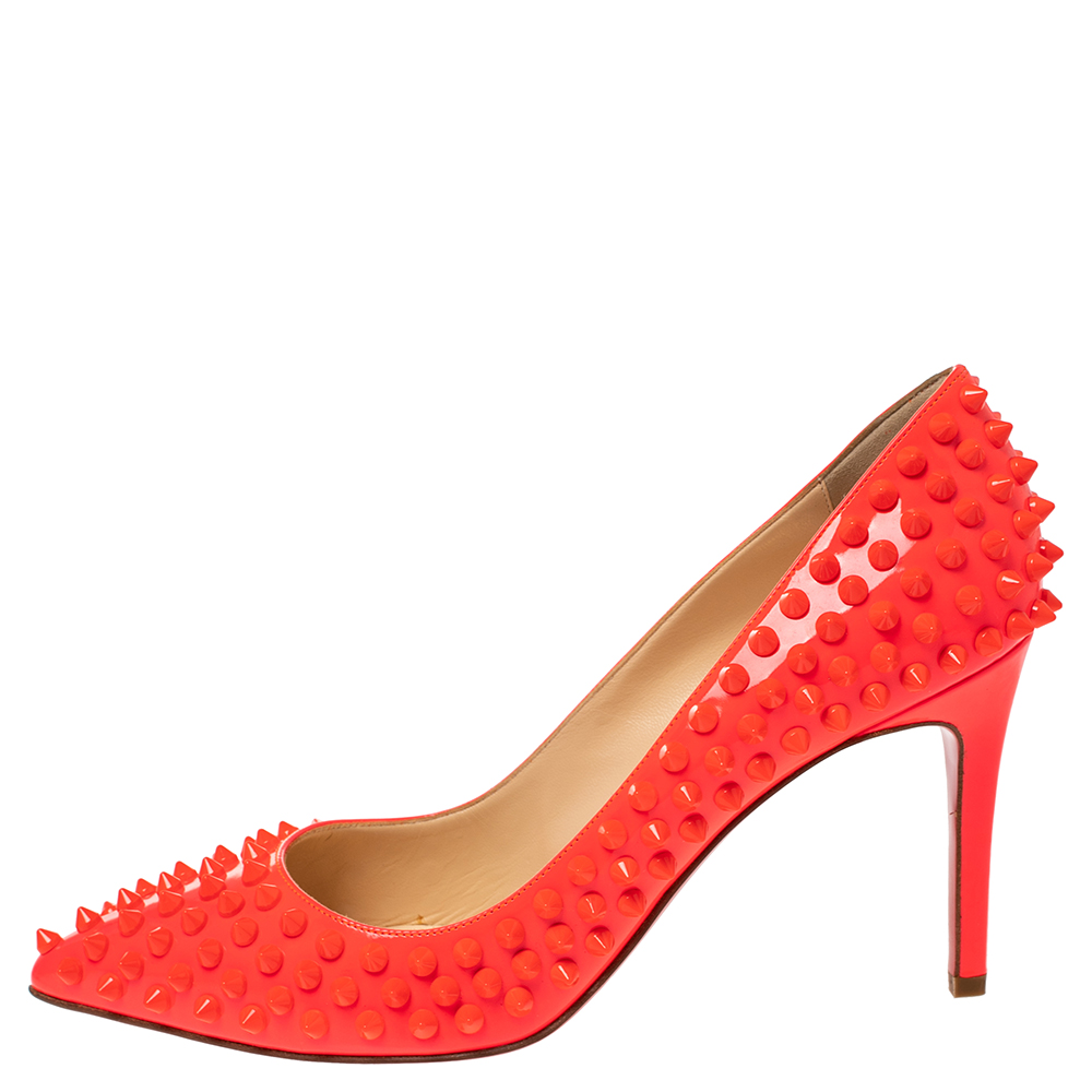 

Christian Louboutin Neon Coral Orange Leather Pigalle Spikes Pumps Size