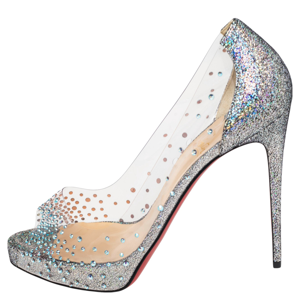 

Christian Louboutin Grey Leather And PVC Peep Toe Pumps Size