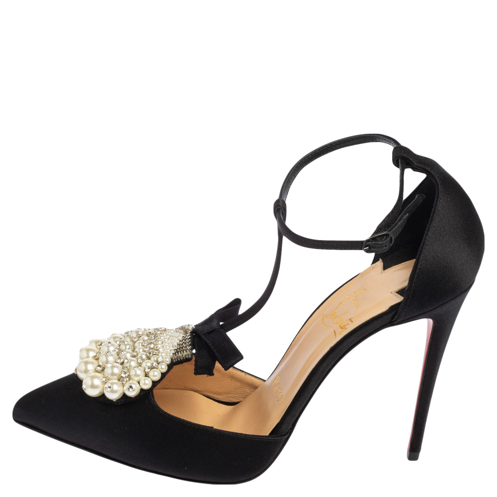 

Christian Louboutin Black Satin Goyetta Embellished T Strap Pumps Size