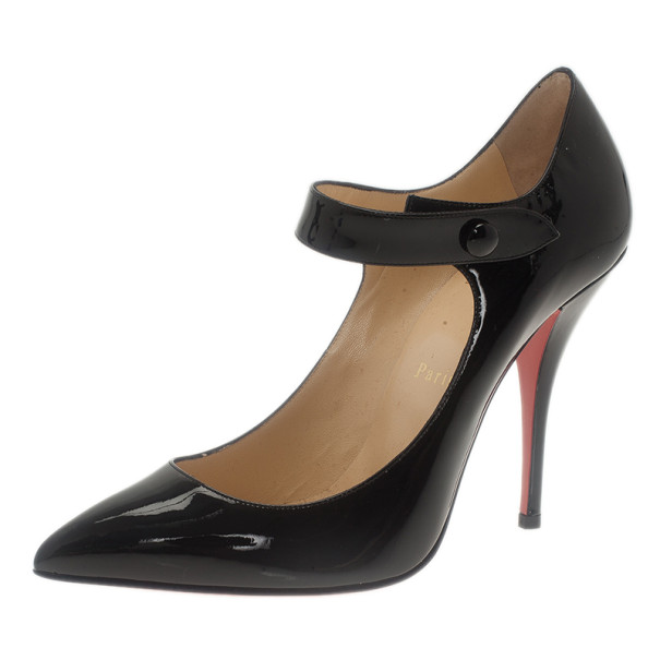 Pre Owned حذاء كعب عالي كريستيان لوبوتان نيو بينسي ماري جين جلد أسود لامع مقاس 37.5