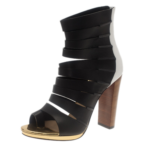 Pre Owned Christian Louboutin Black Leather Decoupata Strappy Booties Size 37.5