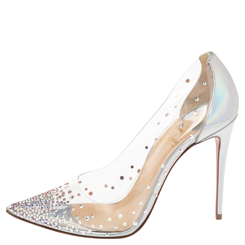 

Christian Louboutin Silver Patent Leather And PVC Degrastrass Embellished Pumps Size