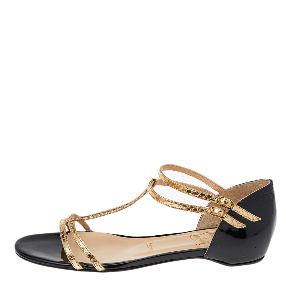 

Christian Louboutin Gold/Black Patent And Leather Arnold Strappy Flat Sandals Size