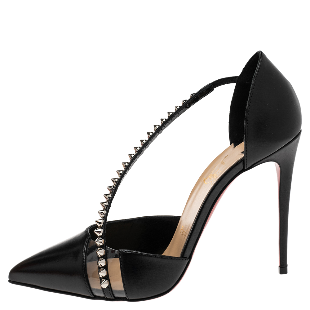 

Christian Louboutin Black Leather And PVC Spike Cross D'orsay Pumps Size