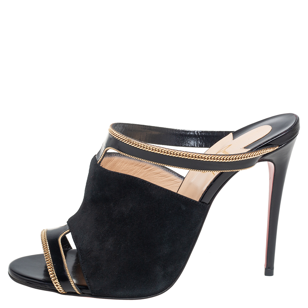 

Christian Louboutin Black Leather And Suede Chain Embellished Akenana Sandals Size
