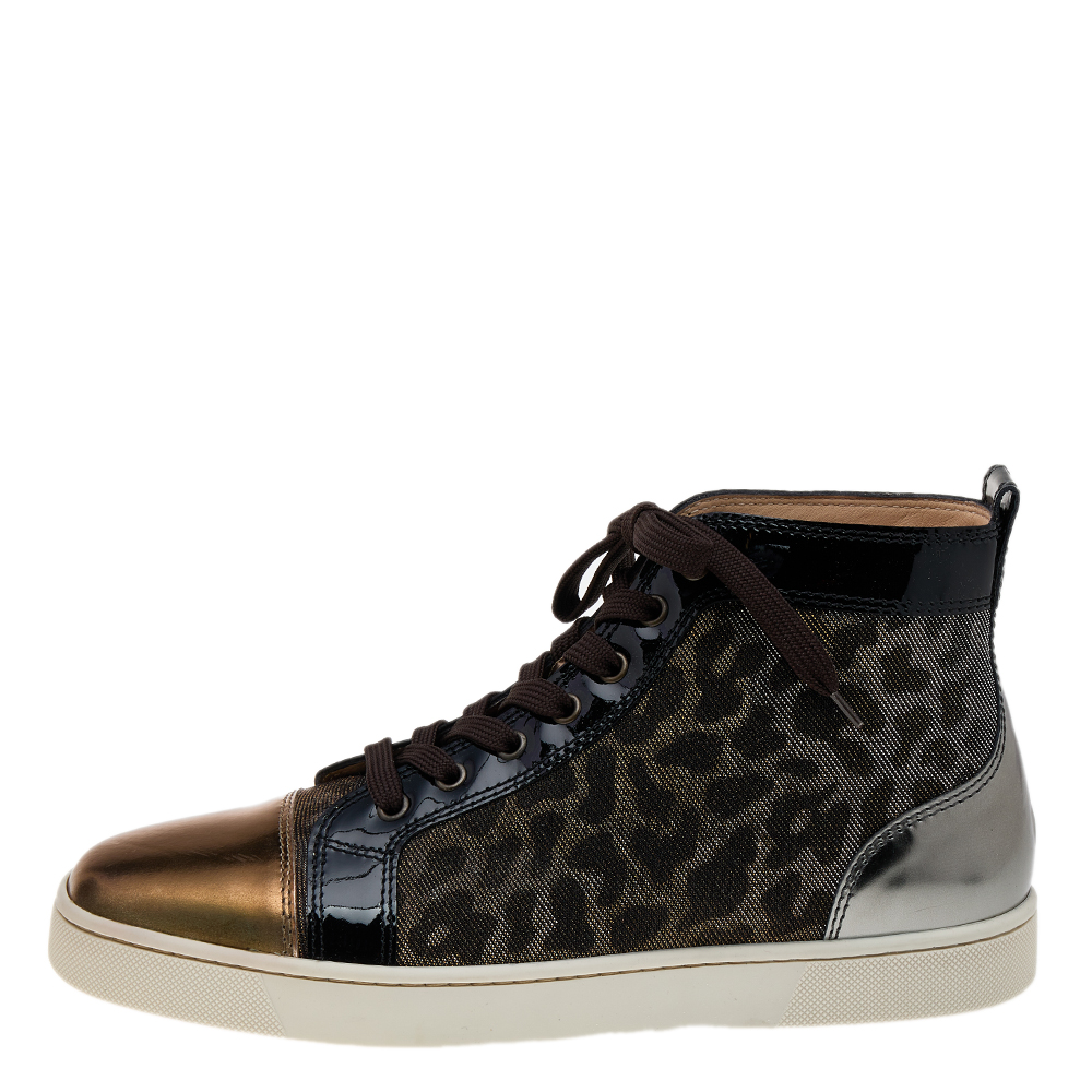 

Christian Louboutin Brown/Gold Leather and Leopard Lamé Fabric Louis High Top Sneakers Size