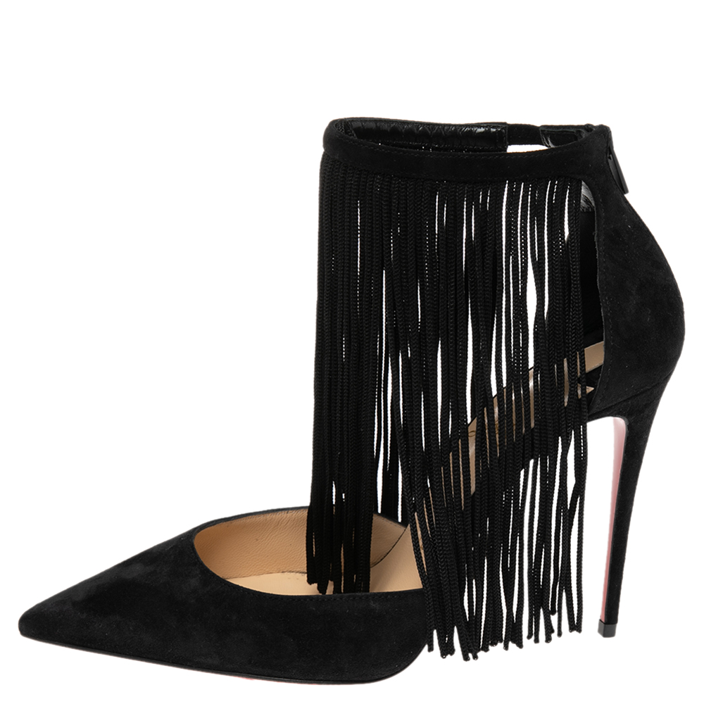 

Christian Louboutin Black Suede Courtain Ankle Fringe Pointed-Toe Pumps Size