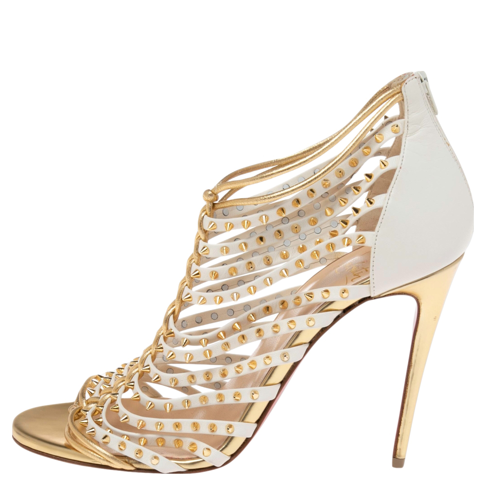 

Christian Louboutin White/Gold Spiked Leather Millaclou Cage Sandals Size