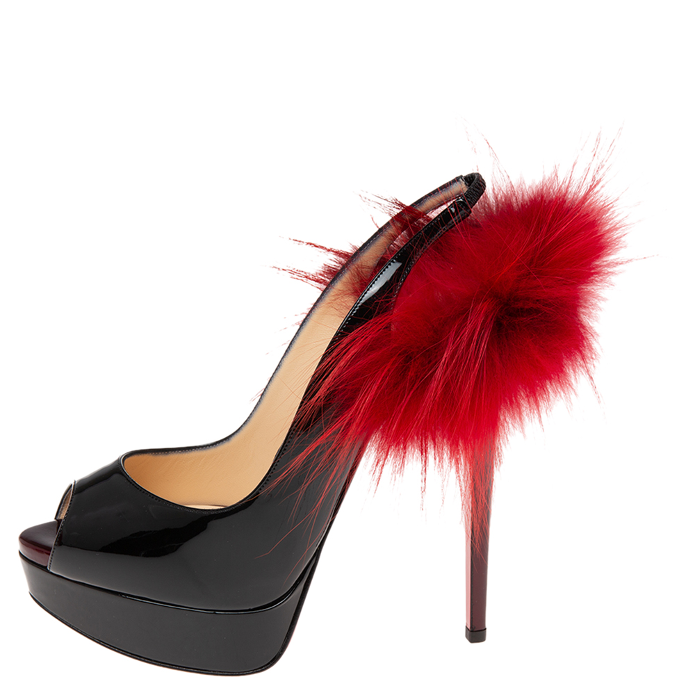 

Christian Louboutin Black/Plum Patent Leather Lady Fur Slingback Sandals Size