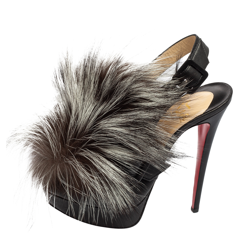 

Christian Louboutin Black Leather and Fox Fur Splash Peep-Toe Platform Pumps Size