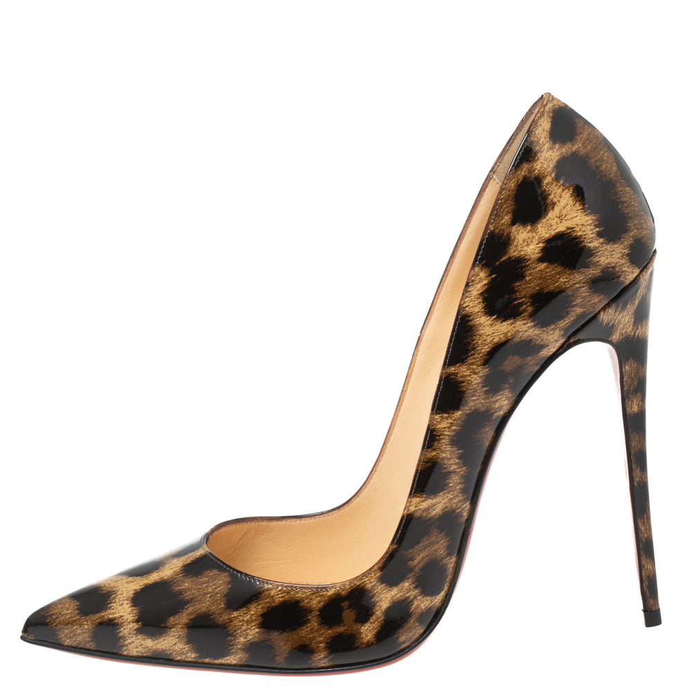 

Christian Louboutin Beige/Brown Leopard Print Patent Leather So Kate Pumps Size