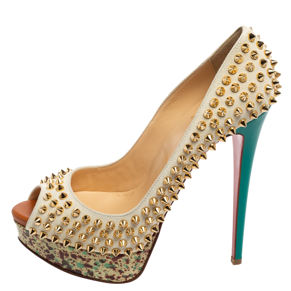 

Christian Louboutin Multicolor Suede Lady Peep-Toe Spikes Platform Pumps Size