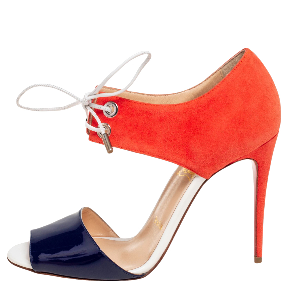 

Christian Louboutin Navy Blue/Orange Patent Leather and Suede Mayerling Sandals Size