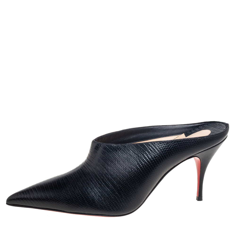 

Christian Louboutin Black Lizard Embossed Leather Quart Pointed-Toe Mules Size