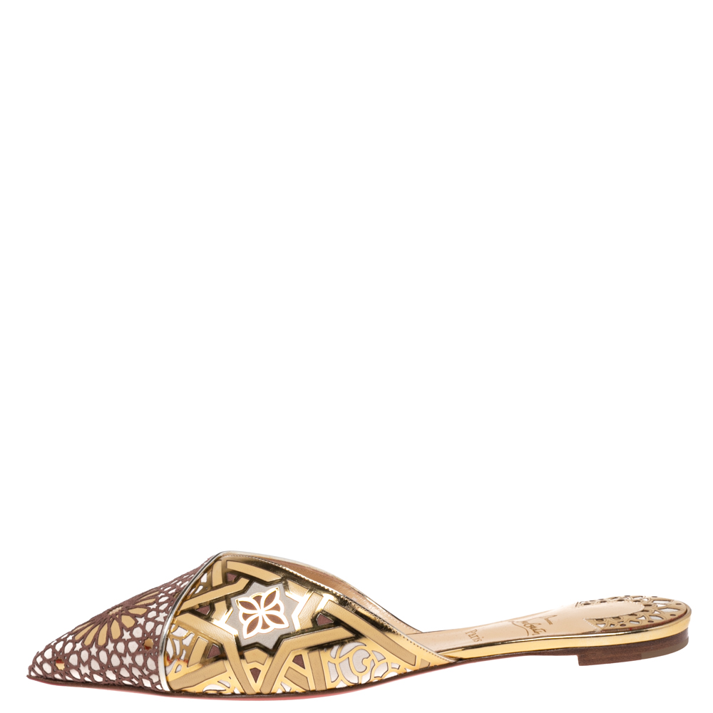 

Christian Louboutin Multicolor Laser Cut Leather and Suede Royal Mansour Pointed-Toe Flat Mules Size