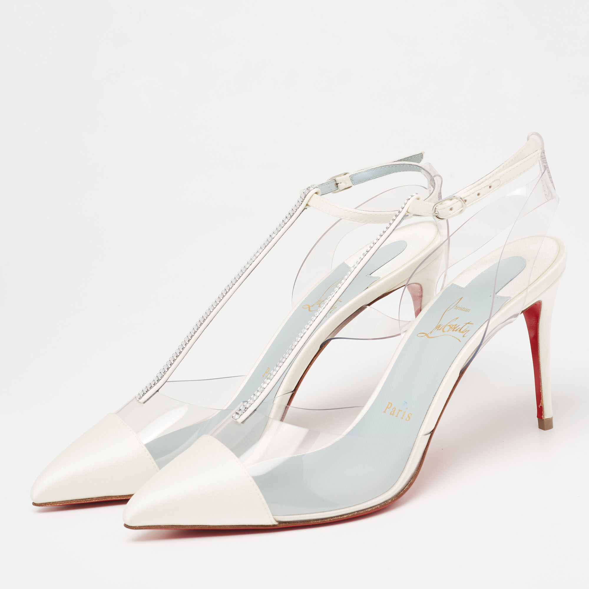 

Christian Louboutin Ivory Satin and PVC Nosy T-Strap Pumps Size, White