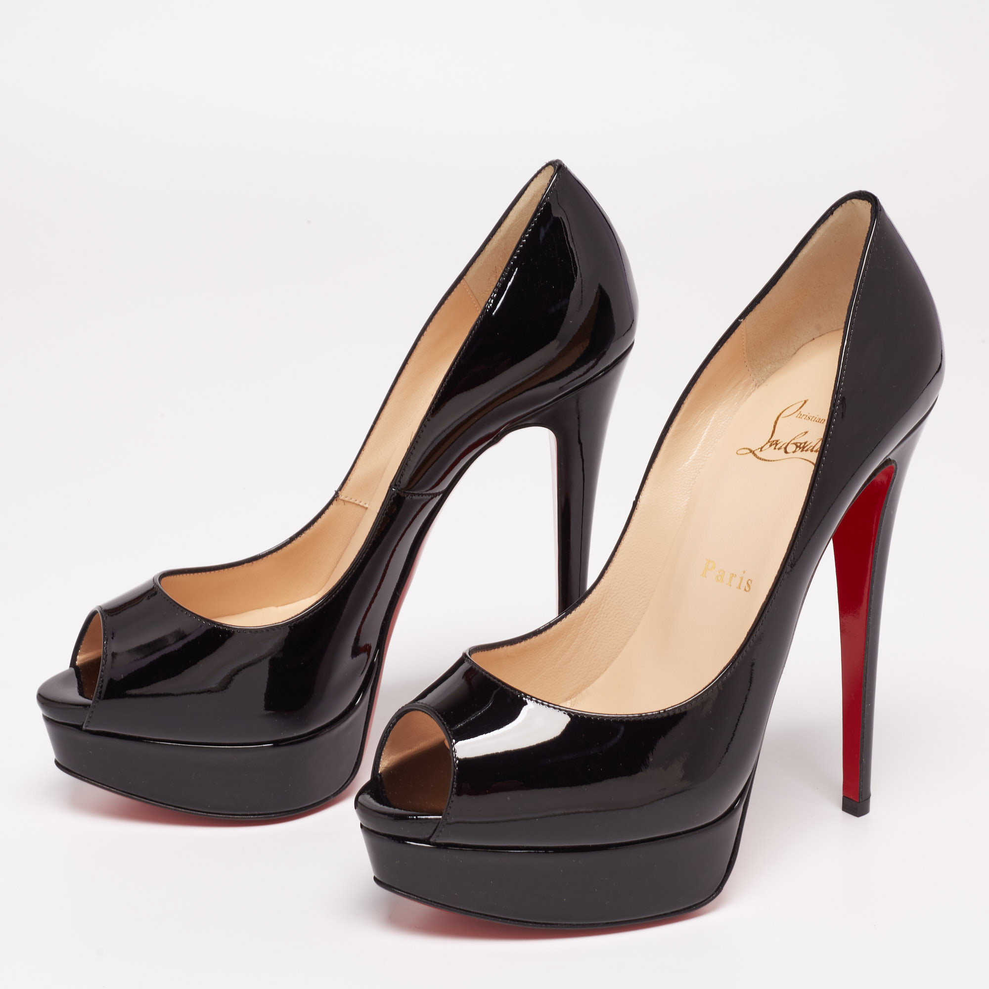 

Christian Louboutin Black Patent Leather Lady Peep Platform Pumps Size