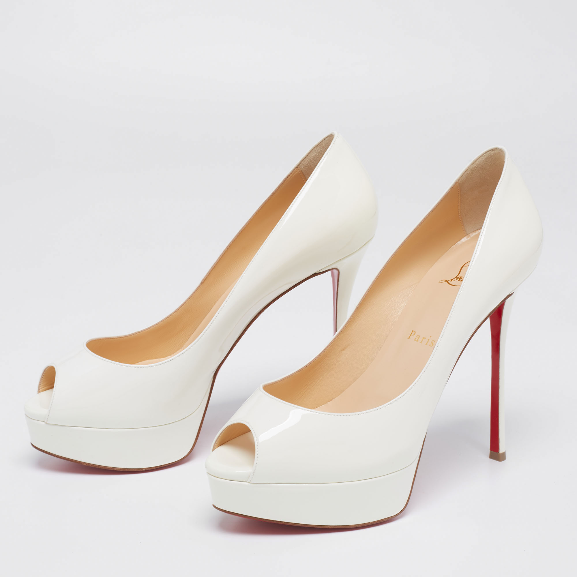 

Christian Louboutin White Patent Leather Lady Peep Platform Pumps Size