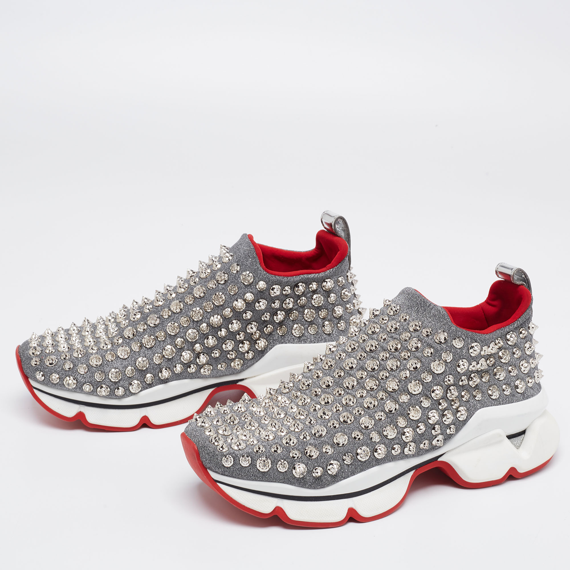 

Christian Louboutin Silver Neoprene Spike Sock Platform Slip On Sneakers Size