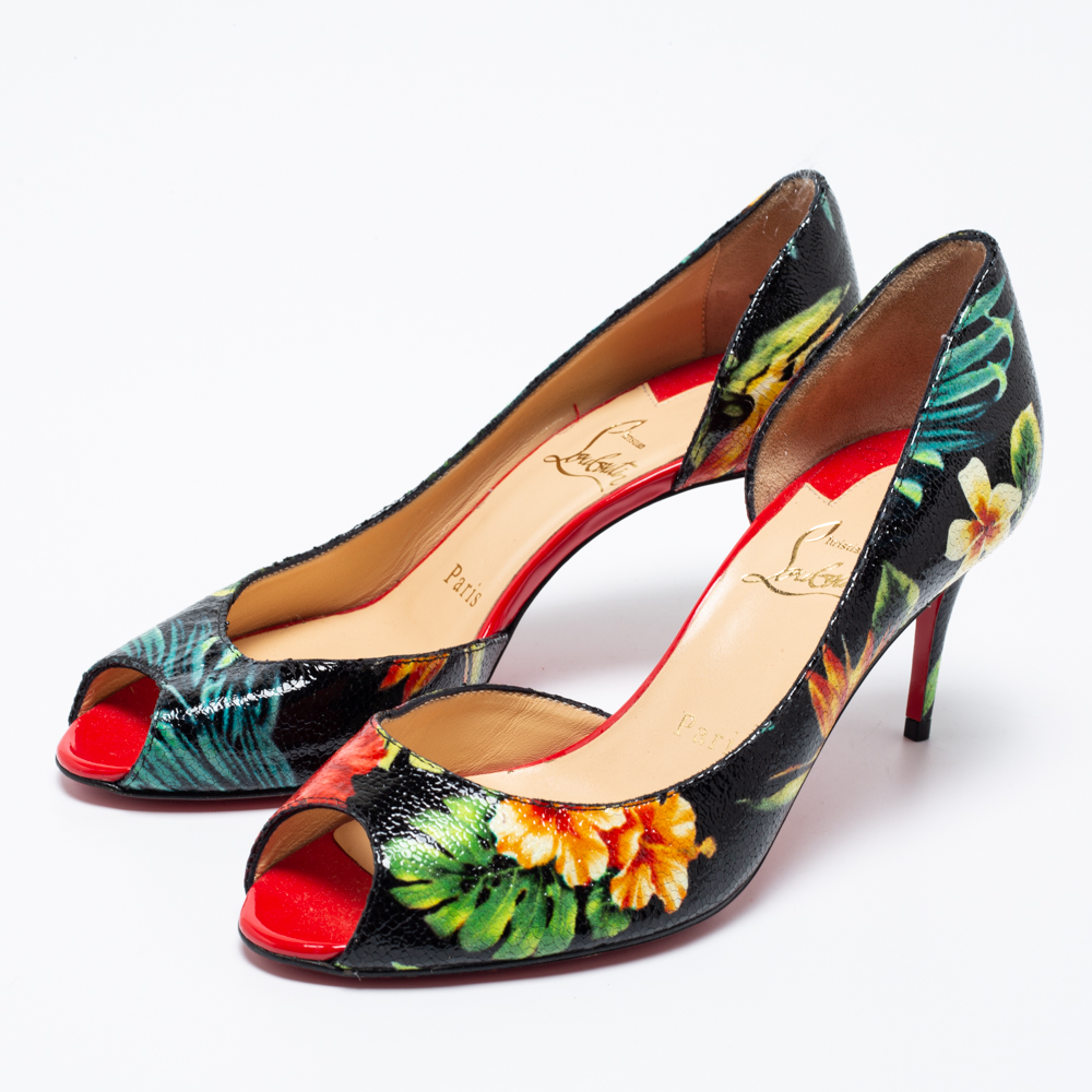 

Christian Louboutin Tri Color Floral Print Patent Leather Demi You D'orsay Pumps Size, Black