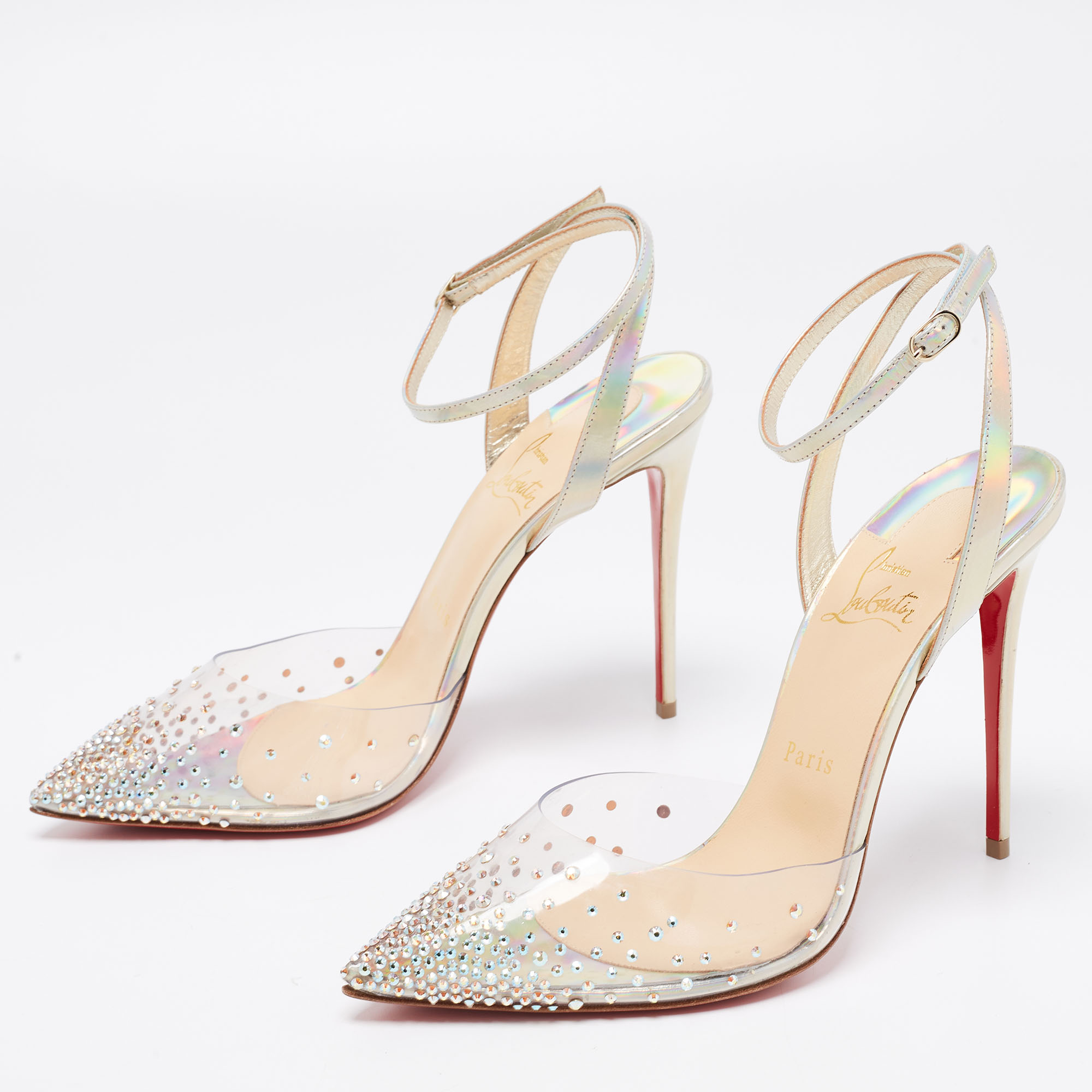 

Christian Louboutin Multicolor Iridescent Leather and PVC Spikaqueen Ankle-Strap Pumps Size