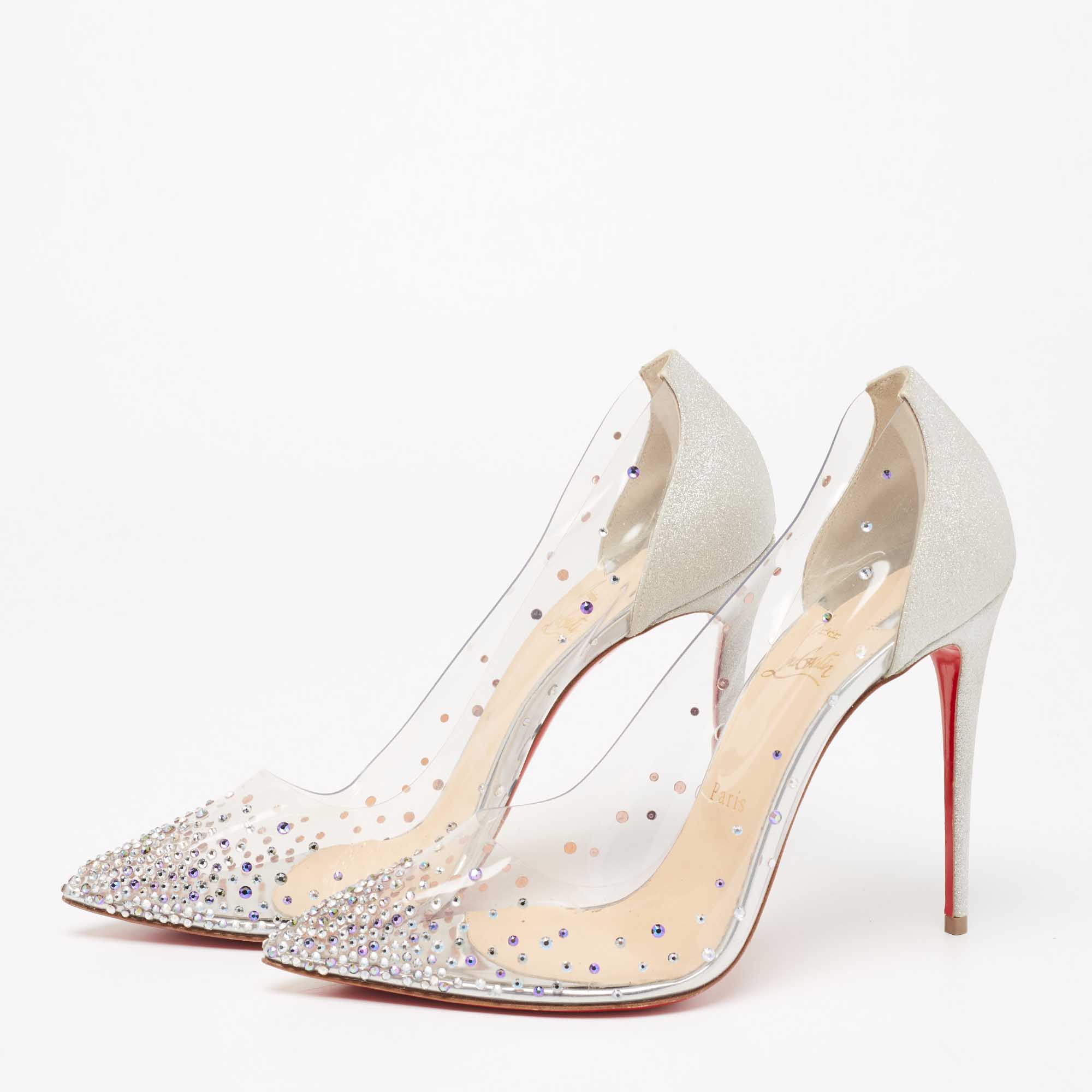 

Christian Louboutin Silver Glitter and PVC Strass Degrastrassista Pointed-Toe Pumps Size