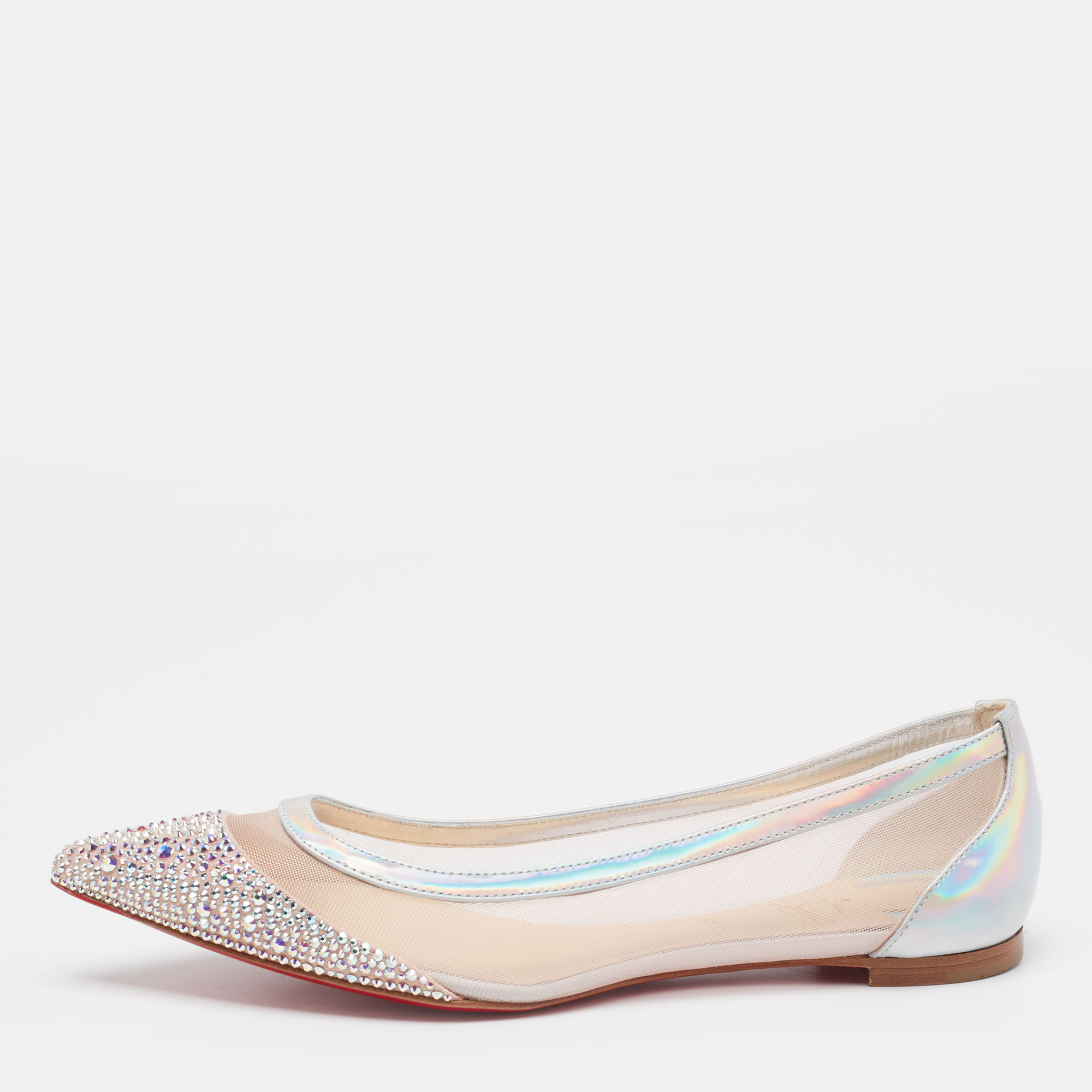 Pre-owned Christian Louboutin Light Pink Mesh Iridescent Leather And Suede Galativi Strass Ballet Flats Size 35.5