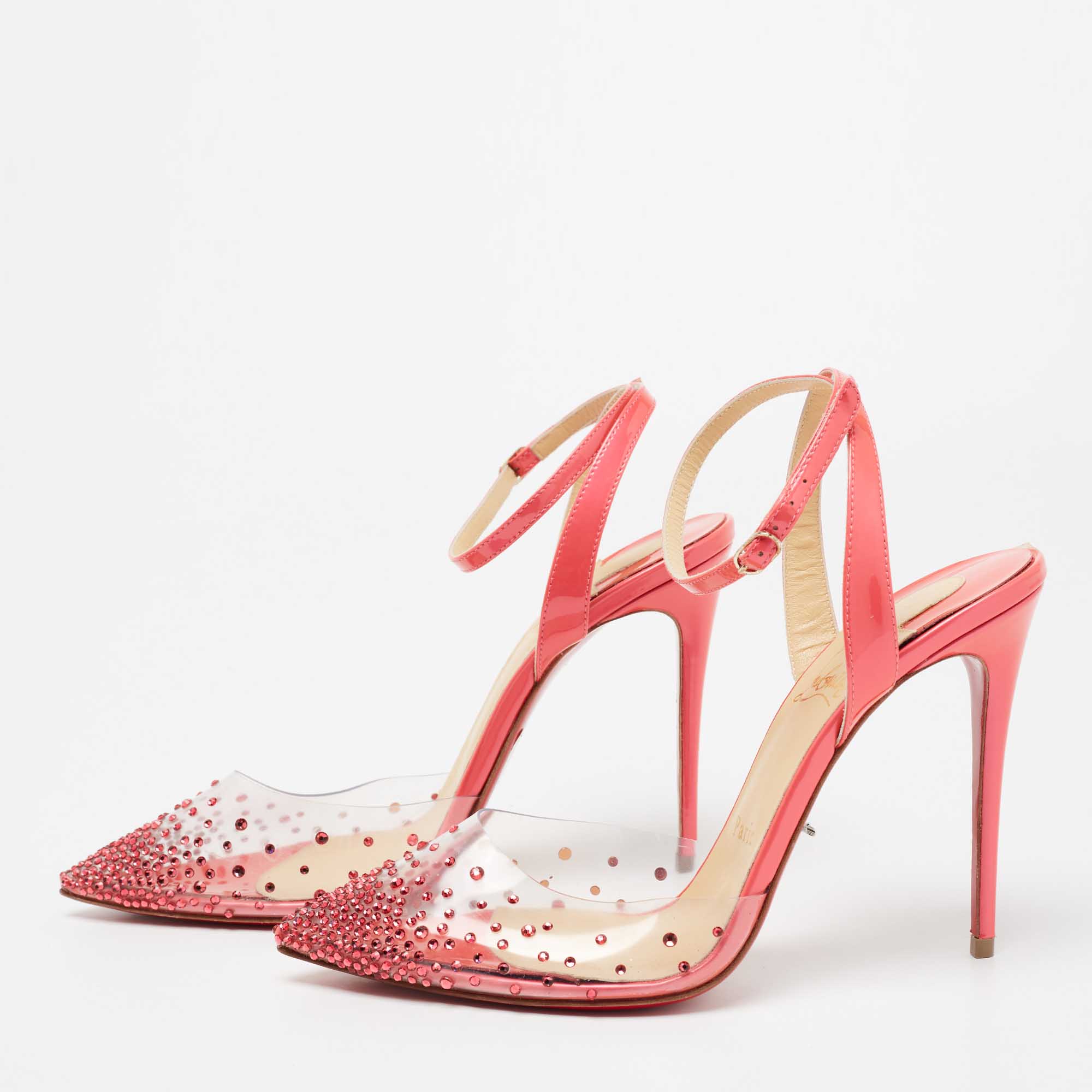 

Christian Louboutin Neon Pink Patent Leather and PVC Spikaqueen Ankle-Strap Pumps Size