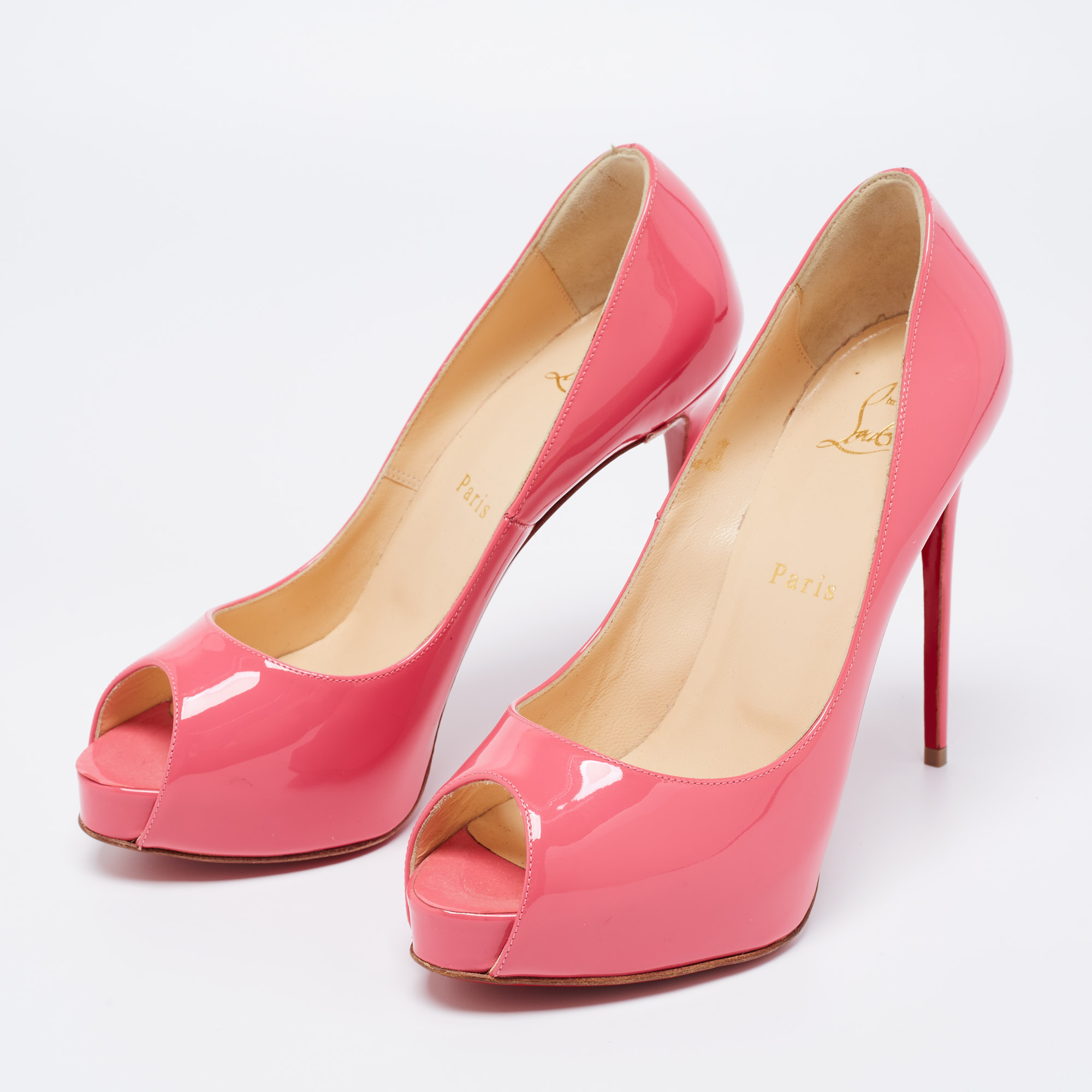

Christian Louboutin Pink Patent Leather New Very Prive Peep-Toe Pumps Size