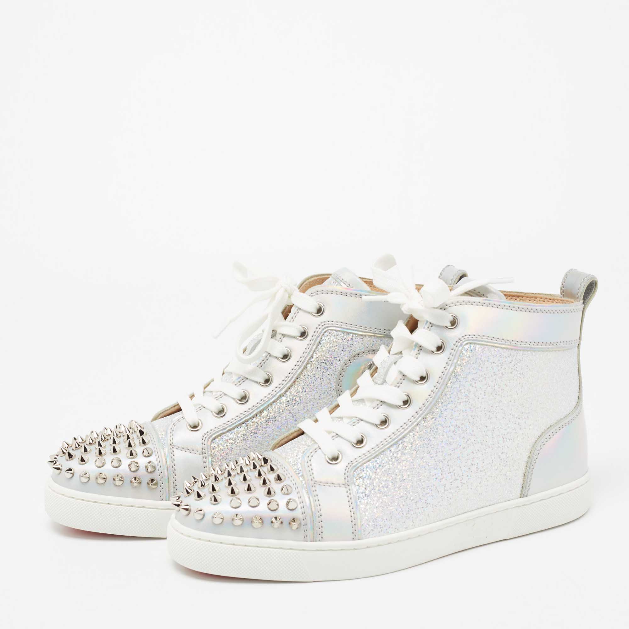 

Christian Louboutin Silver Iridescent Effect Leather Lou Spikes Sneakers Size