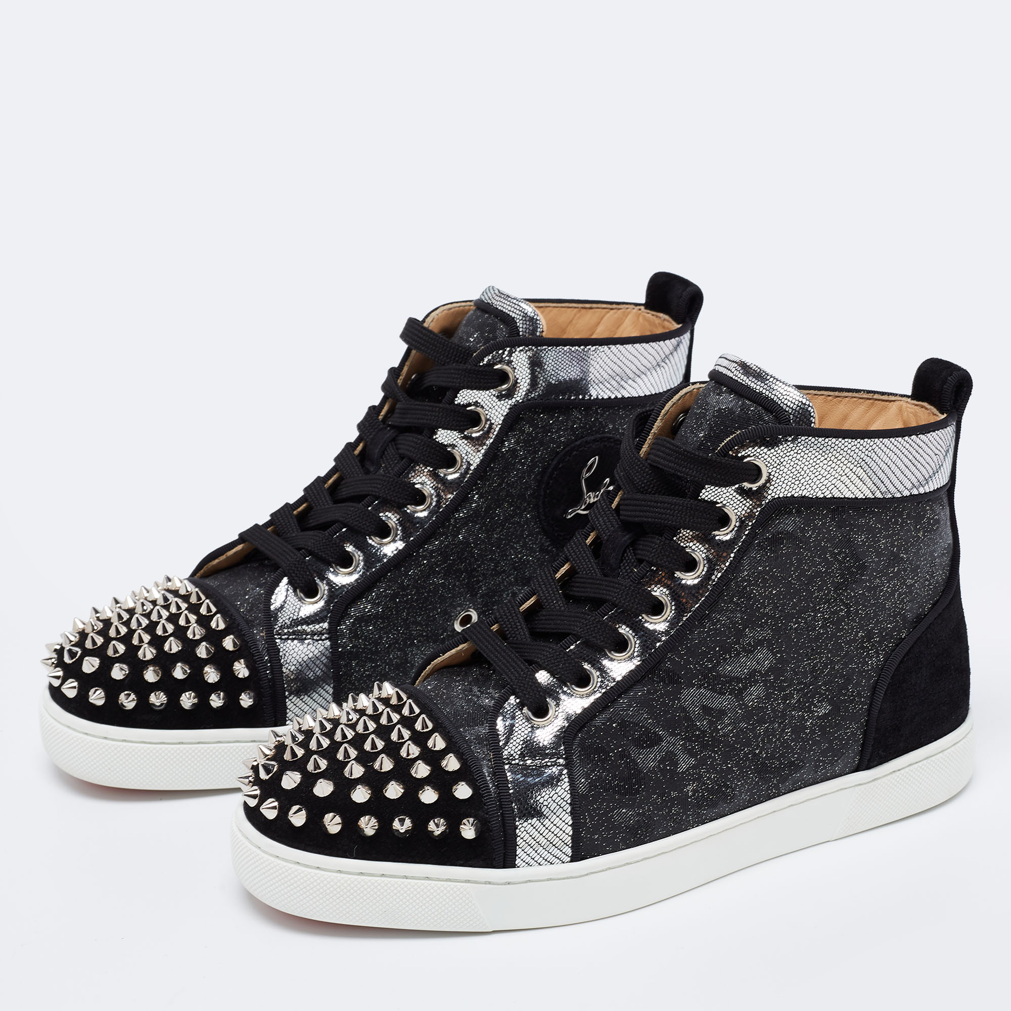 

Christian Louboutin Black/Silver Nubuck And Leather Spikes High Top Sneakers Size