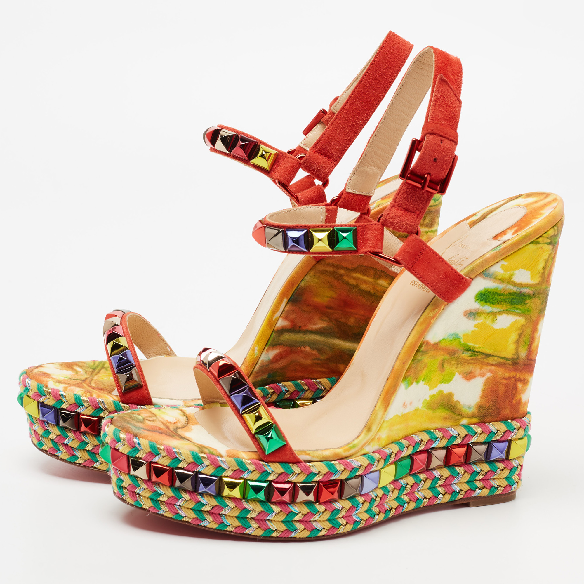 

Christian Louboutin Multicolor Studded Suede Cataclou Espadrille Wedge Sandals Size