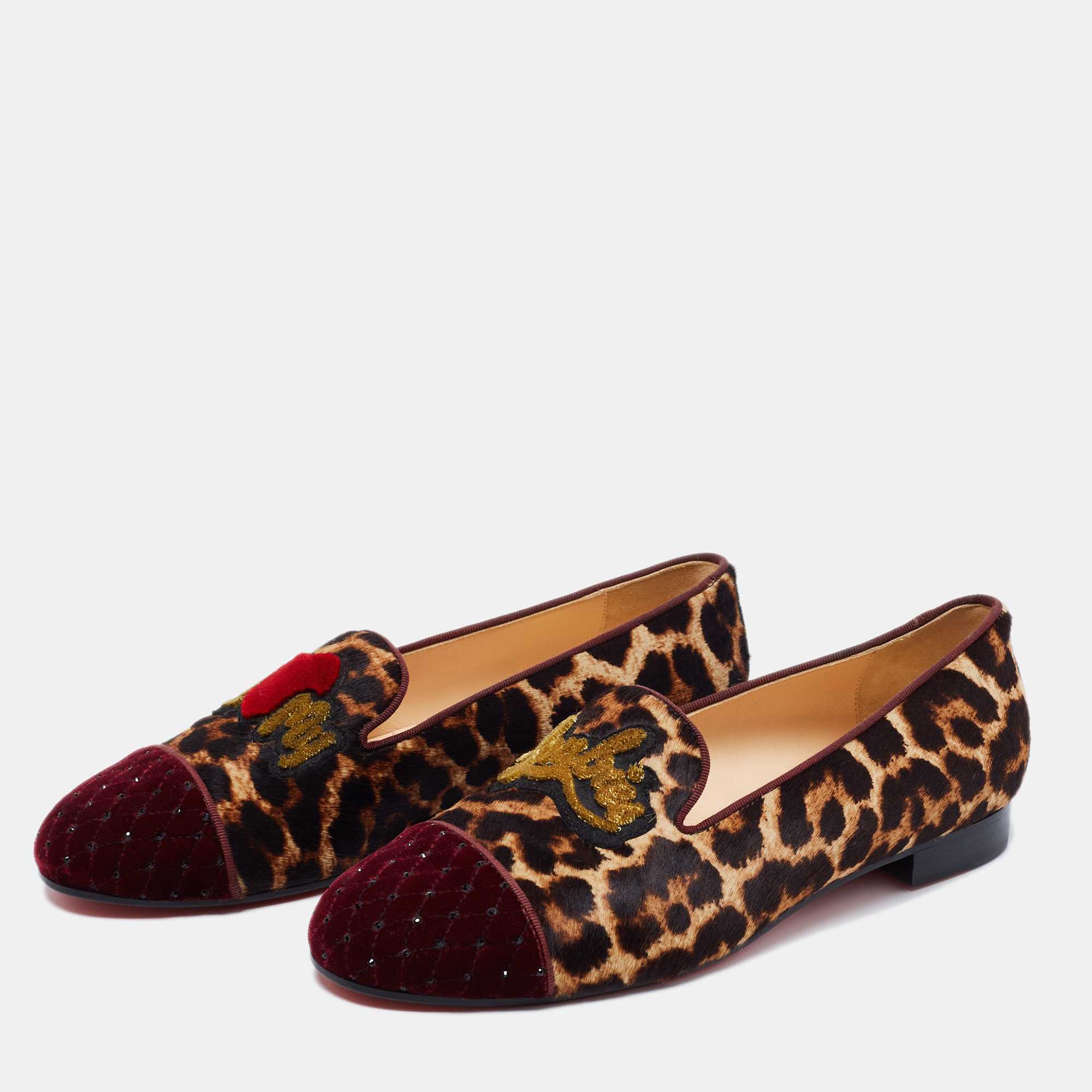 

Christian Louboutin Tri-Color Leopard Print Calf Hair and Velvet My Love Smoking Slippers Size, Beige
