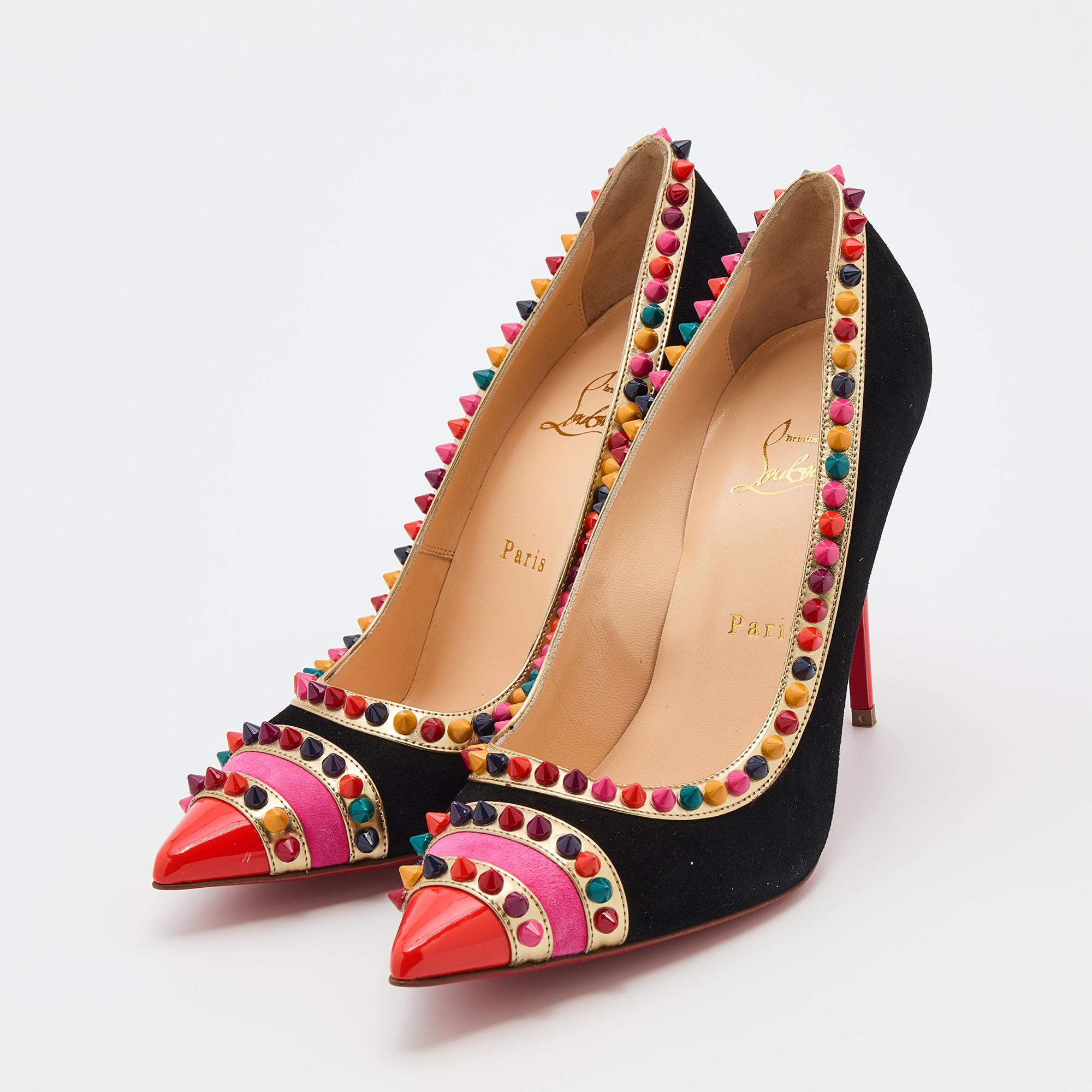 

Christian Louboutin Multicolor Suede And Leather Malabar Hill Spiked Pumps Size