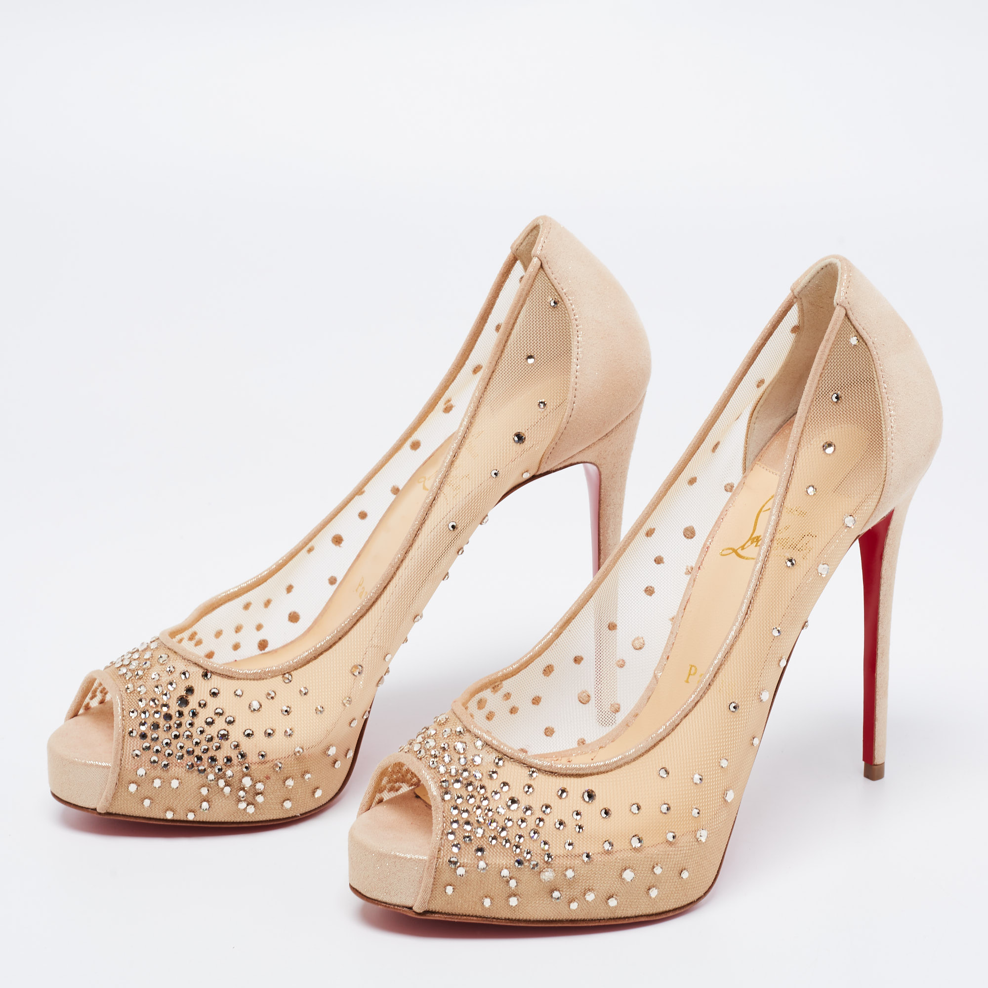 

Christian Louboutin Beige Mesh and Glitter Suede Very Strass Peep-Toe Platform Pumps Size