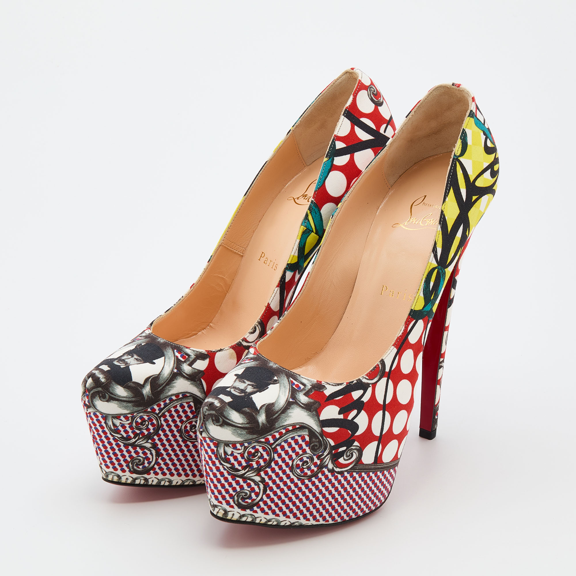 

Christian Louboutin Multicolor Loubi Print Fabric Daffodile Platform Pumps Size