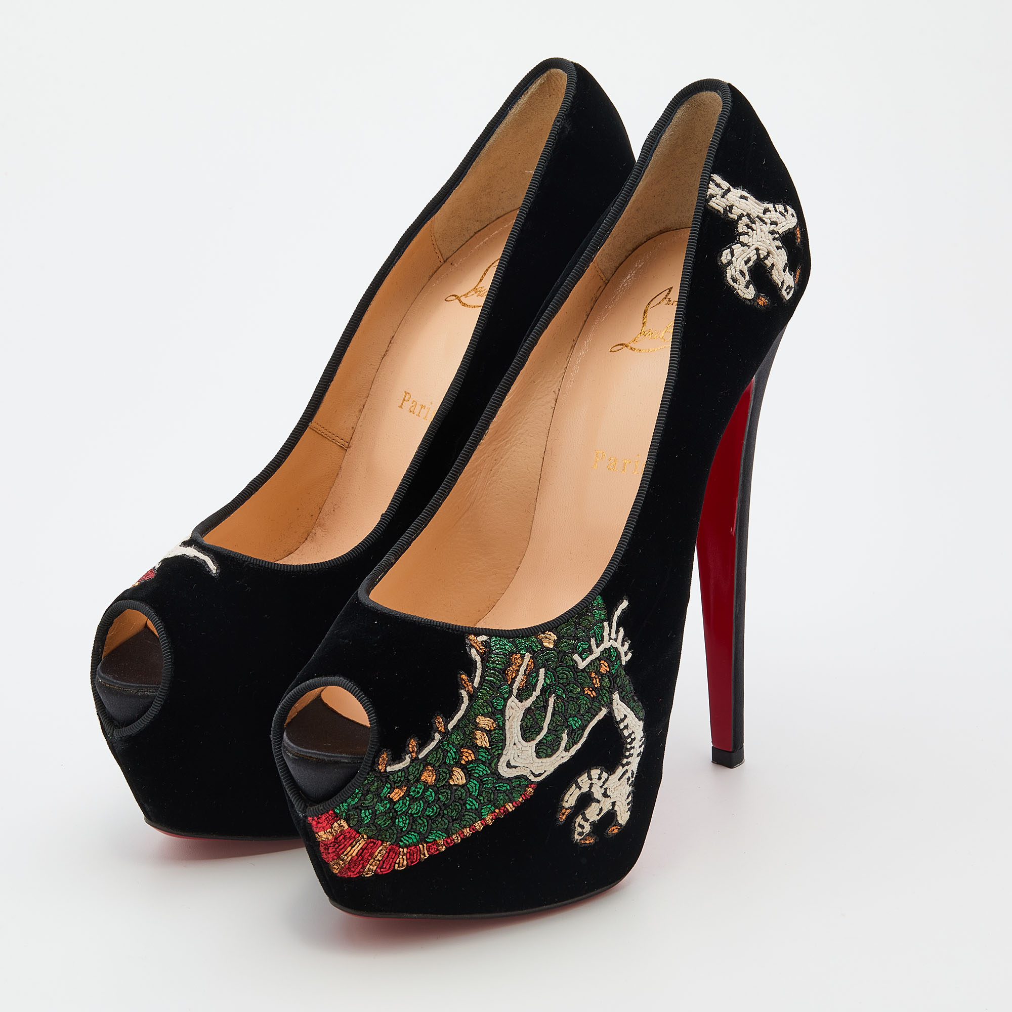 

Christian Louboutin Black Velvet Highness Dragon Tattoo Platform Pumps Size