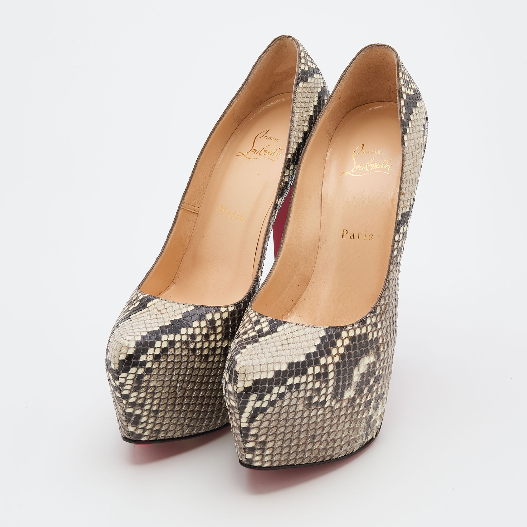 

Christian Louboutin Beige/Brown Python Daffodile Platform Pumps Size